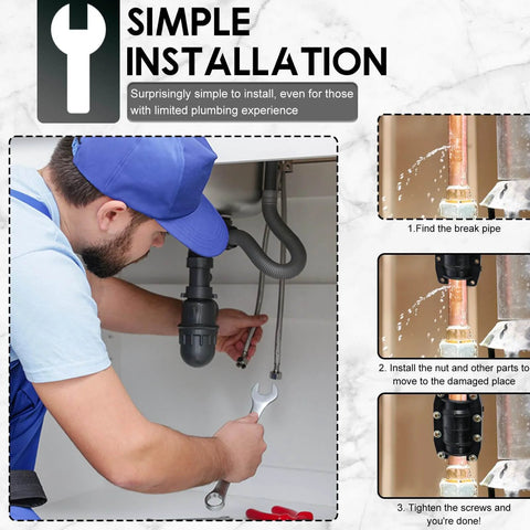 Man using Emergency Water Pipe Repair Clamp Kit for Cast Iron Cement PVC PE Pipes 20mm Leak Fix under sink