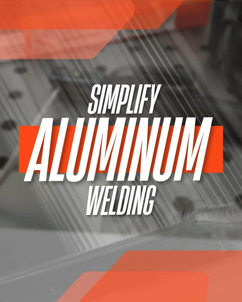 Graphic text 'Simplify Aluminum Welding' over aluminum surface, related to Aluminum E4043 Stick Electrode Rods for Welding