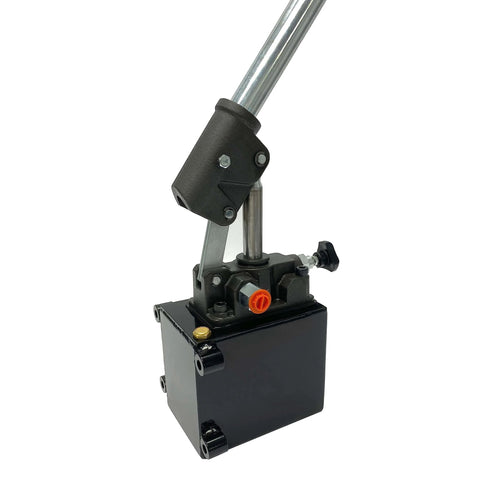 Side view of Magister Hydraulics Single Acting Hydraulic Hand Pump with 1 QTs Tank - Manual Hydraulic Pump with Changeover Valve