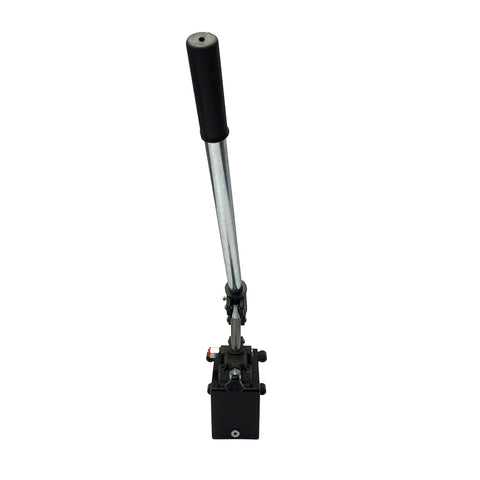 Top view of Magister Hydraulics Single Acting Hydraulic Hand Pump with 1 QTs Tank, metal handle, compact design.