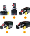 Various sizes of hydraulic power units displayed, including 6L, 8L, 10L, 12L, and 16L models with SAE#6 connectors for trailers.