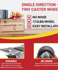 Image showing Eight Pcs Ultra Low Profile Half Inch Mini Rigid Caster Wheels Non Swivel Fixed Casters with Rubber Wheels attached to a wooden box, highlighting durability and noise reduction features.