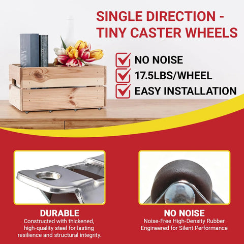 Image showing Eight Pcs Ultra Low Profile Half Inch Mini Rigid Caster Wheels Non Swivel Fixed Casters with Rubber Wheels attached to a wooden box, highlighting durability and noise reduction features.