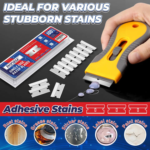 Single Edge Razor Blades Set With 100 High Carbon Steel Blades For Razor Scraper And Utility Knife Heavy Duty One Edge Blades displayed with tool