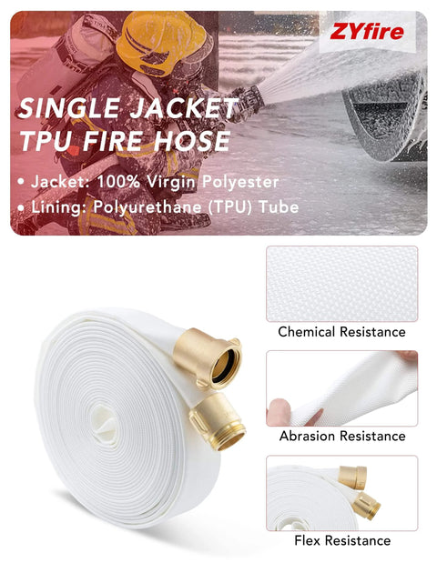 Fire Hose 2 Inch ID 25 Ft Single Jacket TPU Firefighter Hose With M And F NST NH Brass Couplings 750 PSI Burst Pressure Lightweight Designed