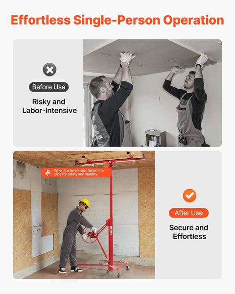 Side-by-side comparison of two workers installing drywall with and without the ✝️ 11ft Drywall Lift, Heavy-Duty 150 lbs Sheetrock Hoist with Adjustable Telescoping Arm, Lockable Wheels, Drywall Lifter Panel Jack Hoist Tools Ideal for Ceiling & Wall Installation (Red).