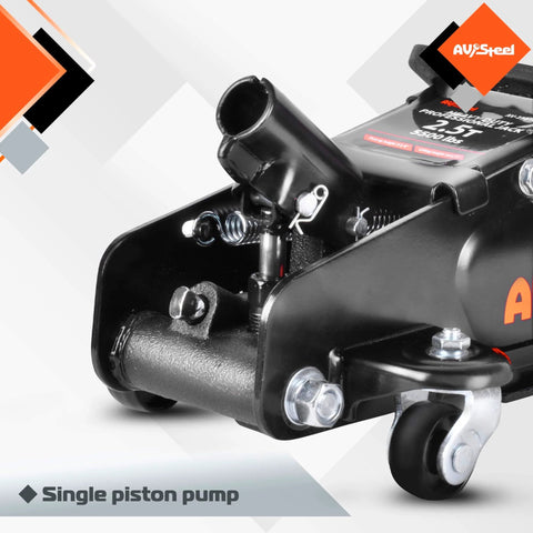 Close-up of 2.5 Ton Floor Jack For Cars With Low Profile Design AV Heavy Duty Steel Hydraulic Floor Jack With Single Piston Pump.
