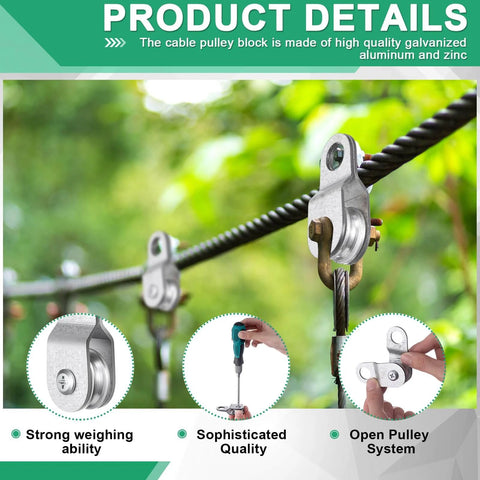 20 Pcs Small Single Pulley Block Wheel Bearing Inside Cable Rollers in zinc with wire rope attachment, 70 lb load capacity