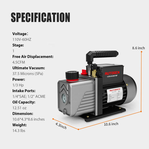 Specifications of Single-Stage 4.5CFM Vacuum Pump, 1/3HP 5Pa 110V Air Vacuum Pump for R12 R22 R134a R410a.