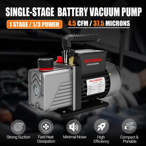 Single-Stage 4.5CFM Vacuum Pump, 1/3HP 5Pa 110V Air Vacuum Pump for HVAC/AUTO AC. Front view of pump with handle and motor.