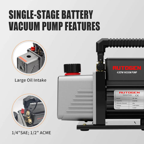 Single-Stage 4.5CFM Vacuum Pump, 1/3HP 5Pa 110V Air Vacuum Pump for R12 R22 R134a R410a, shown with large oil intake and ports.