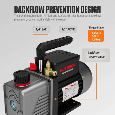 Single-Stage 4.5CFM Vacuum Pump, 1/3HP 5Pa 110V Air Vacuum Pump showing ports and backflow prevention design