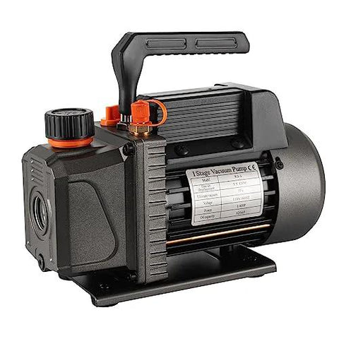 Pro Grade 3.5 CFM Single Stage Vacuum Pump For HVAC Systems With One Quarter HP Motor, rugged build with visible motor details