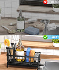 Compact rustproof 304 stainless steel sink caddy with a rotatable spout and tall brush holder neatly organizes kitchen items.