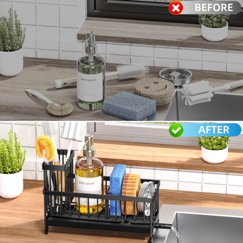 Compact rustproof 304 stainless steel sink caddy with a rotatable spout and tall brush holder neatly organizes kitchen items.