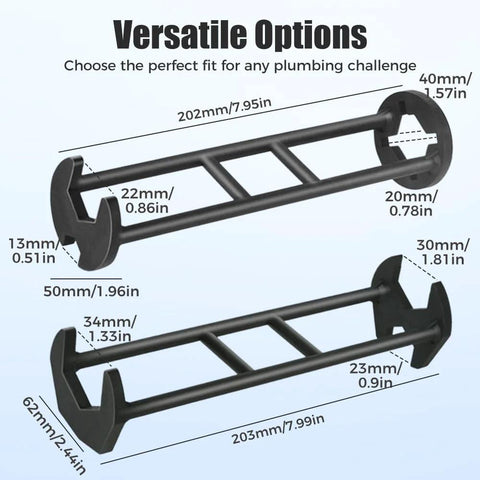 Diagram of 2 Pack Multifunctional Sink Wrench Set For Tight Spaces with measurements and design features highlighted.