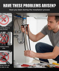 Man using Two Piece Multifunctional Sink Wrench Set For Tight Spaces Basin Wrench Faucet Tool under kitchen sink for pipes and fittings