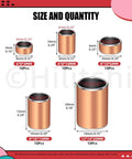 Diagram showing 50 Pack Sleeve Bearings Set Five Sizes Oil Free Self Lubricating Sintered Bronze Bushings dimensions and quantities.