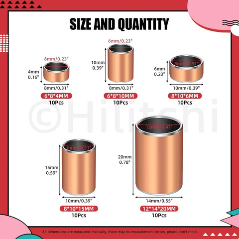 Diagram showing 50 Pack Sleeve Bearings Set Five Sizes Oil Free Self Lubricating Sintered Bronze Bushings dimensions and quantities.