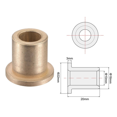 Flange Sleeve Bearings 10mm Bore 16mm OD 20mm Length 22mm Flange Diameter 3mm Flange Thickness Sintered Bronze