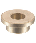 Close-up of a sintered bronze flange sleeve bearing, 6mm bore, 10mm OD, showing flange thickness of 2mm and 14mm diameter.