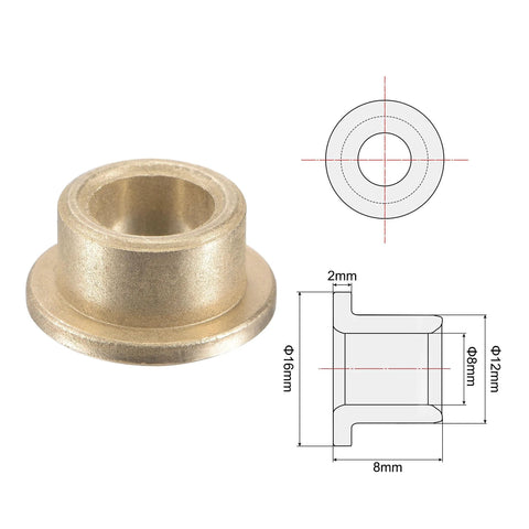 Flange Sleeve Bearing 8mm Bore 12mm OD 8mm Length 16mm Flange Diameter 16mm Flange Thickness 2mm Sintered Bronze Self Lubricating Bushing