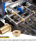 3 Piece Sintered Bronze Flange Sleeve Bearings with 30mm Bore, installed in linear motion machine for friction reduction.