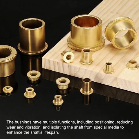 Flange Sleeve Bearing 16mm Bore 22mm OD 28mm Length Self Lubricating Sintered Bronze Bushing displayed on wooden surface.