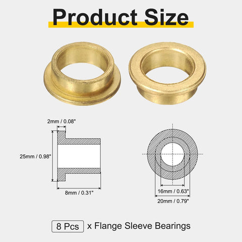Eight Pieces Flange Sleeve Bearings 16mm Bore 20mm Outer Diameter 8mm Length shown with size diagram
