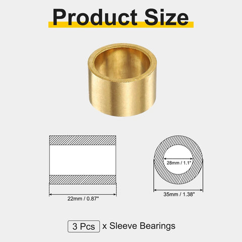 3 Pcs Sintered Bronze Sleeve Bearings 28mm Bore 35mm Outer Diameter 22mm Length diagram and product image