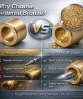 Comparison of solid brass vs sintered bronze sleeve bearings highlighting self-lubricating, low friction features in the sintered bronze.