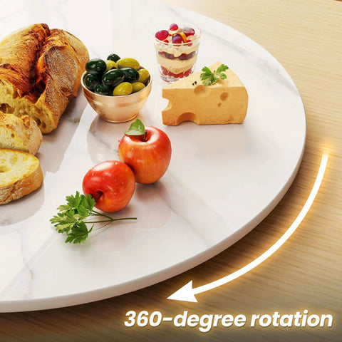 23.6 inch sintered stone lazy susan turntable in white displaying bread, cheese, and fruit with 360-degree rotation.