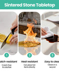 Sintered stone tabletop features: scratch-resistant, heat-resistant, easy to clean surfaces highlighted in three images.