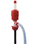 Zeeline by Milton ZE10020W Polyethylene/Polypropylene Siphon Drum Pump with Hose 5 Gallons Per Minute, red body, blue hose, close-up.