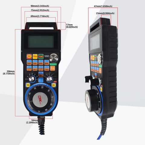 Front and side view of Six Axis USB Wired Mach3 Handwheel MPG For CNC Milling Lathe Engraving Machines with dimensions labeled