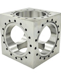 Six Channel UHV Cube Flange In 304 Stainless Steel With 101.6mm Bore And Sixteen M8 Bolt Holes For Complex Vacuum Chamber Layouts
