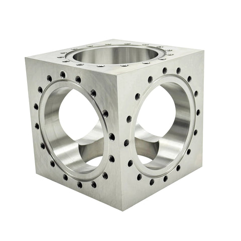 Six Channel UHV Cube Flange In 304 Stainless Steel With 101.6mm Bore And Sixteen M8 Bolt Holes For Complex Vacuum Chamber Layouts
