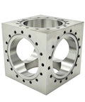Six Channel UHV Cube Flange In 304 Stainless Steel With 101.6mm Bore And Sixteen M8 Bolt Holes For Complex Vacuum Chamber Layouts