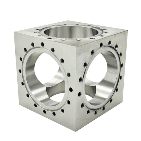 Six Channel UHV Cube Flange In 304 Stainless Steel With 101.6mm Bore And Sixteen M8 Bolt Holes For Complex Vacuum Chamber Layouts