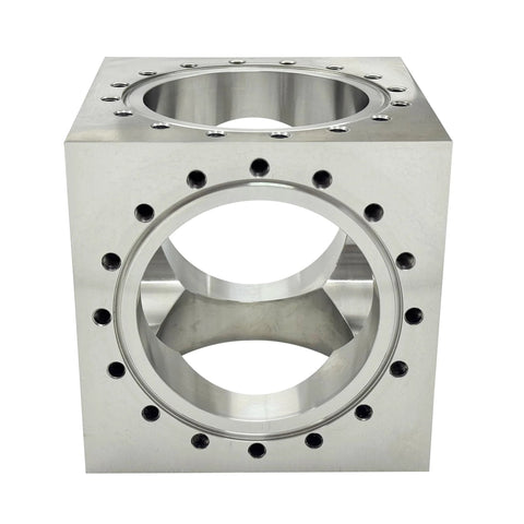 Six Channel UHV Cube Flange In 304 Stainless Steel With 101.6mm Bore And Sixteen M8 Bolt Holes For Complex Vacuum Chamber Layouts