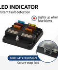 Six Circuit 12V Fuse Block With LED Indicator And Preinstalled ATC And ATO Fuses, snap-lock design, for Automotive, Marine, and RV use