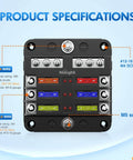 Six Circuit Blade Fuse Block With Negative Bus And LED Indicator Waterproof Cover for 12V vehicles, shows specifications and features.