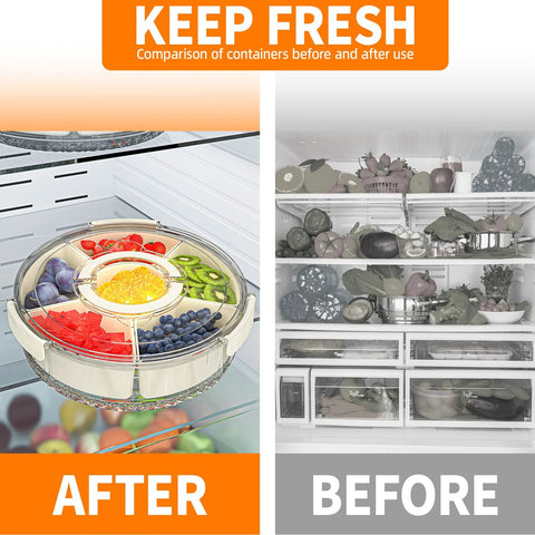Comparison of a fridge before and after using a Six Compartment Divided Serving Tray With Lid And Handle Portable Stackable Snack Box.