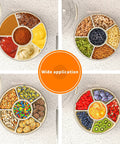 Six Compartment Divided Serving Tray With Lid And Handle Portable Snack Box filled with snacks, nuts, and fruits on kitchen counter