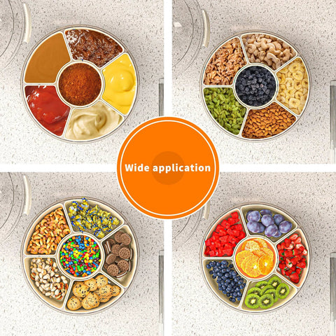 Six Compartment Divided Serving Tray With Lid And Handle Portable Snack Box filled with snacks, nuts, and fruits on kitchen counter