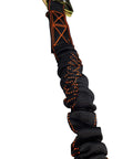 Close-up of Single Leg Six Foot Rebar Hook End Lanyard With Internal Shock Absorber For Fall Arrest, Free Fall Shock Absorption Up To Nine Hundred Pounds, Impact Indicators, ANSI And OSHA Compliant, Five Thousand Pound Breaking Strength, Tough And Durable showing robust material and stitching.