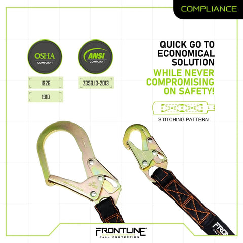 Single Leg Six Foot Rebar Hook End Lanyard With Internal Shock Absorber For Fall Arrest, Free Fall Shock Absorption Up To Nine Hundred Pounds, Impact Indicators, ANSI And OSHA Compliant, Five Thousand Pound Breaking Strength, Tough And Durable shown with close-up of rebar hooks and safety stitching pattern.