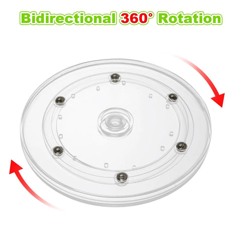 Top view of Six Pack 6 Inch Clear Acrylic Lazy Susan with ball bearing rotation showcasing 360-degree bidirectional movement.