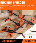 Six Inch Bar Clamps For Woodworking Four Pack With One Hand Light Duty EZ Hold Spreader Clamp 200 Lbs Capacity Versatile Easy To Use Design For Precise Positioning Quick Adjustments And Strong Glue Ups Jorgensen displayed in a spreader setup on wood frames.