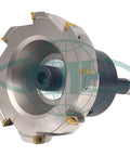 Front view of Six Inch 90 Degree Indexable Face Mill With R8 Arbor And Eight APKT1604 Inserts Included For Steel Cutting, 8 Flutes